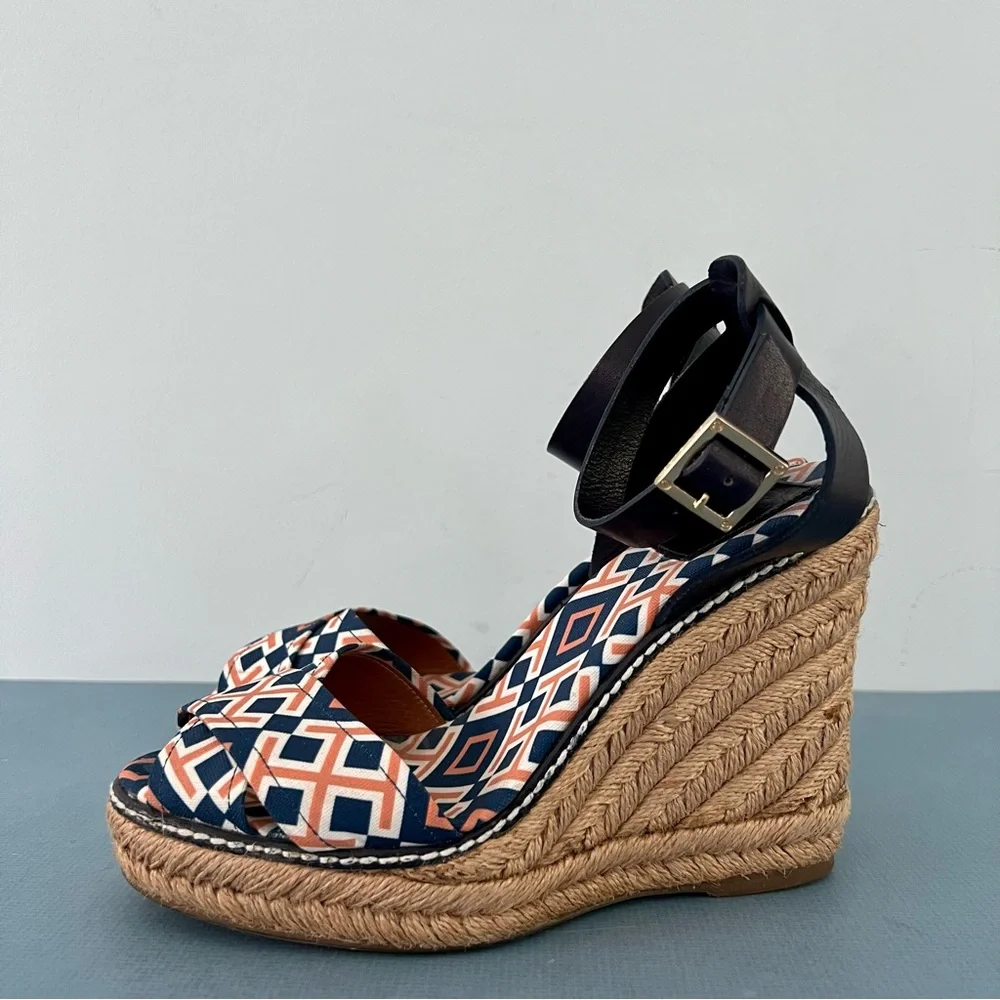 Tory Burch Criss Cross Blue & Orange Canvas Espadrille Jute Wedge Sandals‎